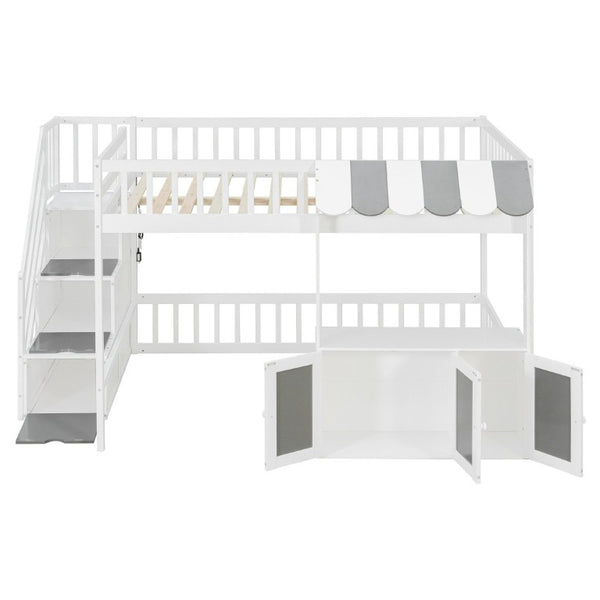 English Elm Full Size Playhouse Loft Bed with LED Lighting Storage Steps and Under Cabin White+Gray N820S00094E