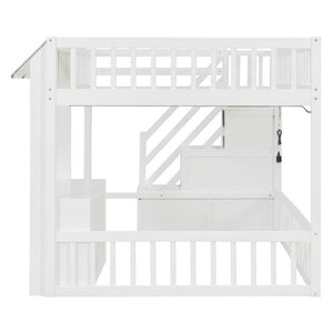 English Elm Full Size Playhouse Loft Bed with LED Lighting Storage Steps and Under Cabin White+Gray N820S00094E