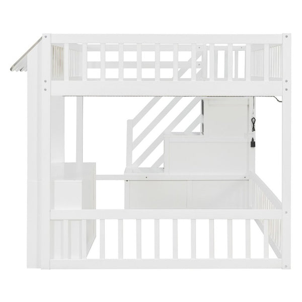 English Elm Full Size Playhouse Loft Bed with LED Lighting Storage Steps and Under Cabin White+Gray N820S00094E