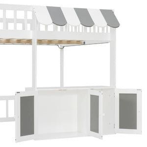 English Elm Full Size Playhouse Loft Bed with LED Lighting Storage Steps and Under Cabin White+Gray N820S00094E
