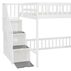 English Elm Full Size Playhouse Loft Bed with LED Lighting Storage Steps and Under Cabin White+Gray N820S00094E