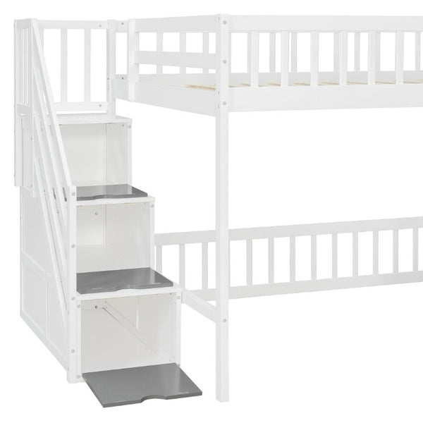 English Elm Full Size Playhouse Loft Bed with LED Lighting Storage Steps and Under Cabin White+Gray N820S00094E