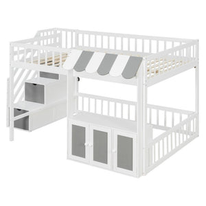 English Elm Full Size Playhouse Loft Bed with LED Lighting Storage Steps and Under Cabin White+Gray N820S00094E