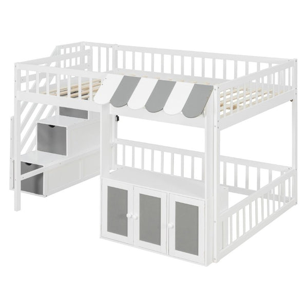English Elm Full Size Playhouse Loft Bed with LED Lighting Storage Steps and Under Cabin White+Gray N820S00094E