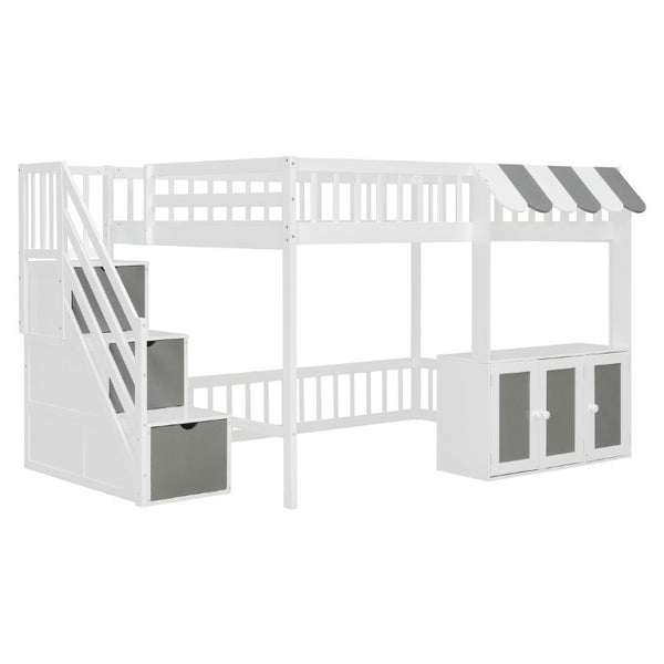 English Elm Full Size Playhouse Loft Bed with LED Lighting Storage Steps and Under Cabin White+Gray N820S00094E