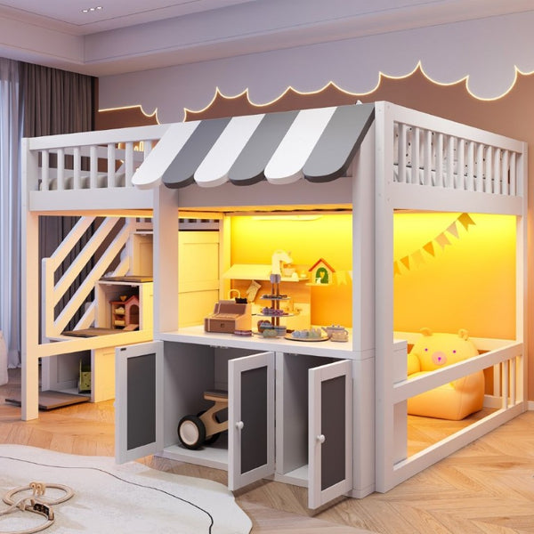 English Elm Full Size Playhouse Loft Bed with LED Lighting Storage Steps and Under Cabin White+Gray N820S00094E