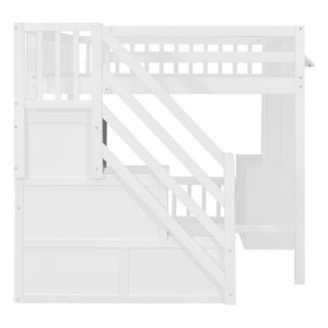 English Elm Full Size Playhouse Loft Bed with LED Lighting Storage Steps and Under Cabin White+Gray N820S00094E