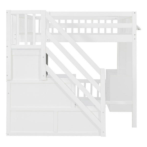 English Elm Full Size Playhouse Loft Bed with LED Lighting Storage Steps and Under Cabin White+Gray N820S00094E