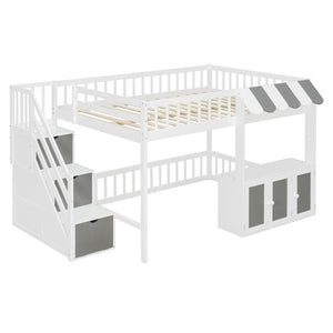 English Elm Full Size Playhouse Loft Bed with LED Lighting Storage Steps and Under Cabin White+Gray N820S00094E