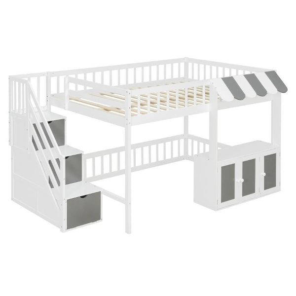 English Elm Full Size Playhouse Loft Bed with LED Lighting Storage Steps and Under Cabin White+Gray N820S00094E