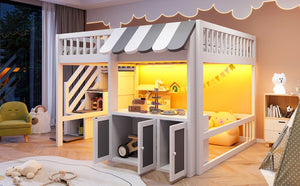 English Elm Full Size Playhouse Loft Bed with LED Lighting Storage Steps and Under Cabin White+Gray N820S00094E