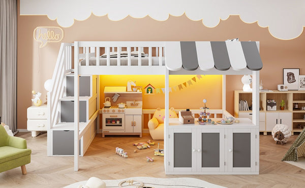 English Elm Full Size Playhouse Loft Bed with LED Lighting Storage Steps and Under Cabin White+Gray N820S00094E