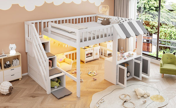 English Elm Full Size Playhouse Loft Bed with LED Lighting Storage Steps and Under Cabin White+Gray N820S00094E