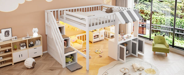 English Elm Full Size Playhouse Loft Bed with LED Lighting Storage Steps and Under Cabin White+Gray N820S00094E