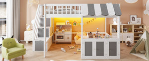 English Elm Full Size Playhouse Loft Bed with LED Lighting Storage Steps and Under Cabin White+Gray N820S00094E