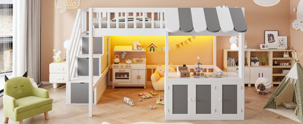 English Elm Full Size Playhouse Loft Bed with LED Lighting Storage Steps and Under Cabin White+Gray N820S00094E