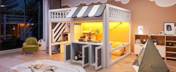English Elm Full Size Playhouse Loft Bed with LED Lighting Storage Steps and Under Cabin White+Gray N820S00094E