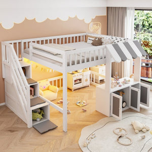 English Elm Full Size Playhouse Loft Bed with LED Lighting Storage Steps and Under Cabin White+Gray N820S00094E
