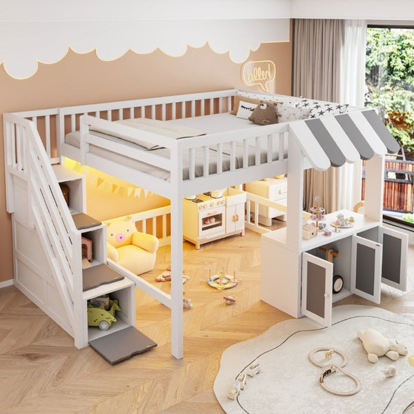 English Elm Full Size Playhouse Loft Bed with LED Lighting Storage Steps and Under Cabin White+Gray N820S00094E
