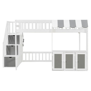 English Elm Full Size Playhouse Loft Bed with LED Lighting Storage Steps and Under Cabin White+Gray N820S00094E