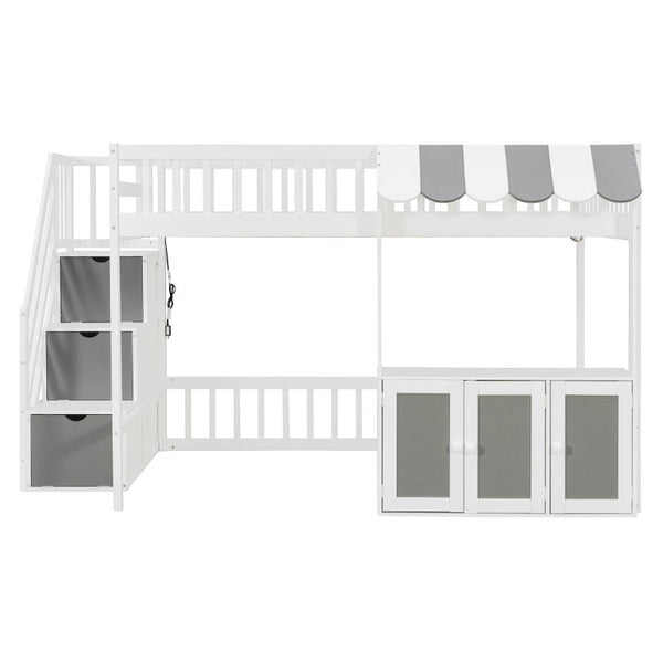 English Elm Full Size Playhouse Loft Bed with LED Lighting Storage Steps and Under Cabin White+Gray N820S00094E