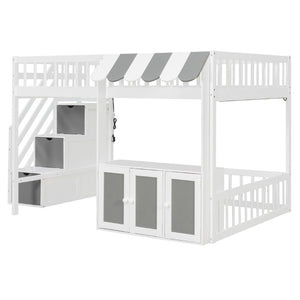 English Elm Full Size Playhouse Loft Bed with LED Lighting Storage Steps and Under Cabin White+Gray N820S00094E