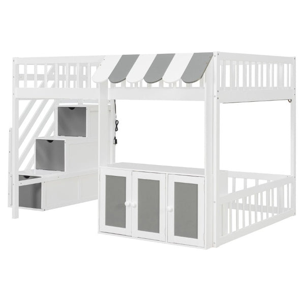 English Elm Full Size Playhouse Loft Bed with LED Lighting Storage Steps and Under Cabin White+Gray N820S00094E