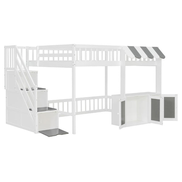 English Elm Full Size Playhouse Loft Bed with LED Lighting Storage Steps and Under Cabin White+Gray N820S00094E