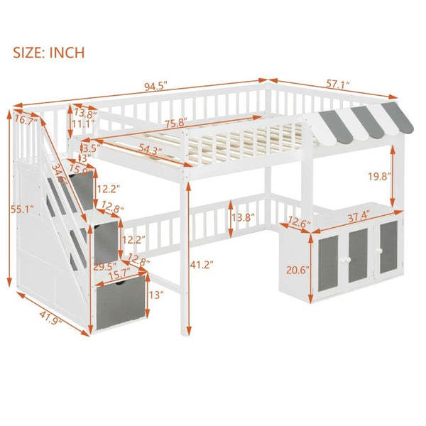 English Elm Full Size Playhouse Loft Bed with LED Lighting Storage Steps and Under Cabin White+Gray N820S00094E