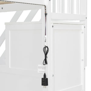 English Elm Full Size Playhouse Loft Bed with LED Lighting Storage Steps and Under Cabin White+Gray N820S00094E