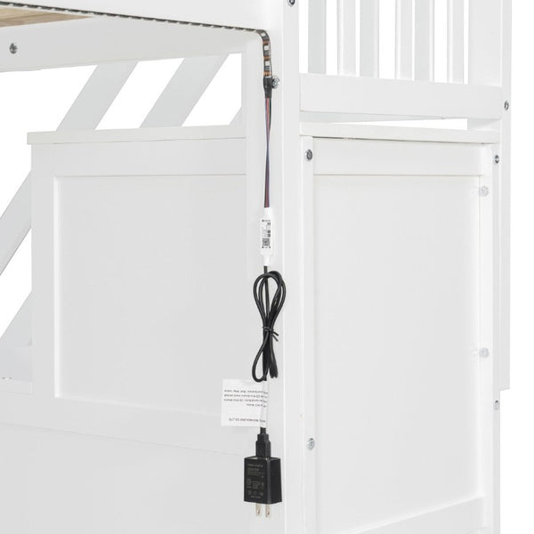 English Elm Full Size Playhouse Loft Bed with LED Lighting Storage Steps and Under Cabin White+Gray N820S00094E