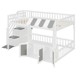 English Elm Full Size Playhouse Loft Bed with LED Lighting Storage Steps and Under Cabin White+Gray N820S00094E