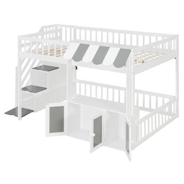 English Elm Full Size Playhouse Loft Bed with LED Lighting Storage Steps and Under Cabin White+Gray N820S00094E
