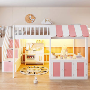 English Elm Full Size Playhouse Loft Bed with LED Lighting Storage Steps and Under Cabin White+Pink N820S00094H
