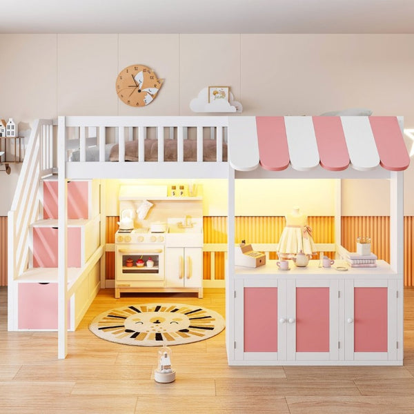English Elm Full Size Playhouse Loft Bed with LED Lighting Storage Steps and Under Cabin White+Pink N820S00094H
