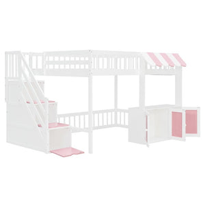 English Elm Full Size Playhouse Loft Bed with LED Lighting Storage Steps and Under Cabin White+Pink N820S00094H