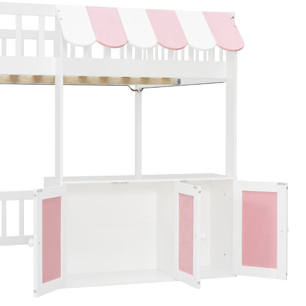 English Elm Full Size Playhouse Loft Bed with LED Lighting Storage Steps and Under Cabin White+Pink N820S00094H