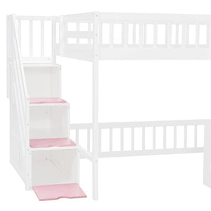 English Elm Full Size Playhouse Loft Bed with LED Lighting Storage Steps and Under Cabin White+Pink N820S00094H