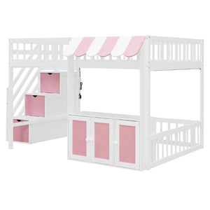 English Elm Full Size Playhouse Loft Bed with LED Lighting Storage Steps and Under Cabin White+Pink N820S00094H