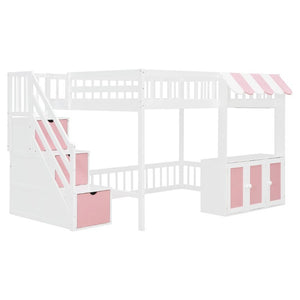 English Elm Full Size Playhouse Loft Bed with LED Lighting Storage Steps and Under Cabin White+Pink N820S00094H