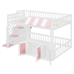 English Elm Full Size Playhouse Loft Bed with LED Lighting Storage Steps and Under Cabin White+Pink N820S00094H