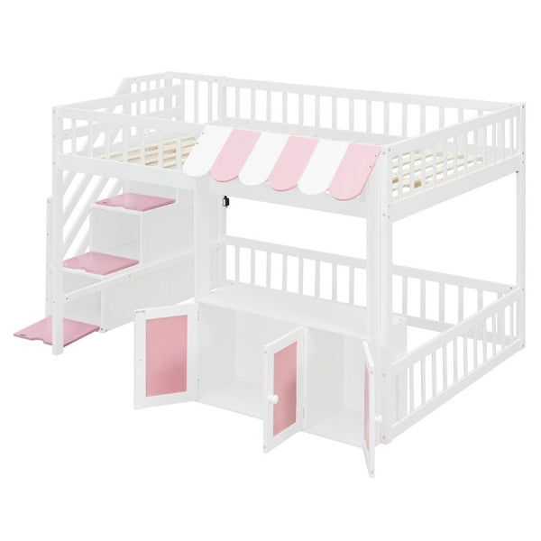 English Elm Full Size Playhouse Loft Bed with LED Lighting Storage Steps and Under Cabin White+Pink N820S00094H