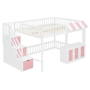 English Elm Full Size Playhouse Loft Bed with LED Lighting Storage Steps and Under Cabin White+Pink N820S00094H