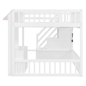 English Elm Full Size Playhouse Loft Bed with LED Lighting Storage Steps and Under Cabin White+Pink N820S00094H