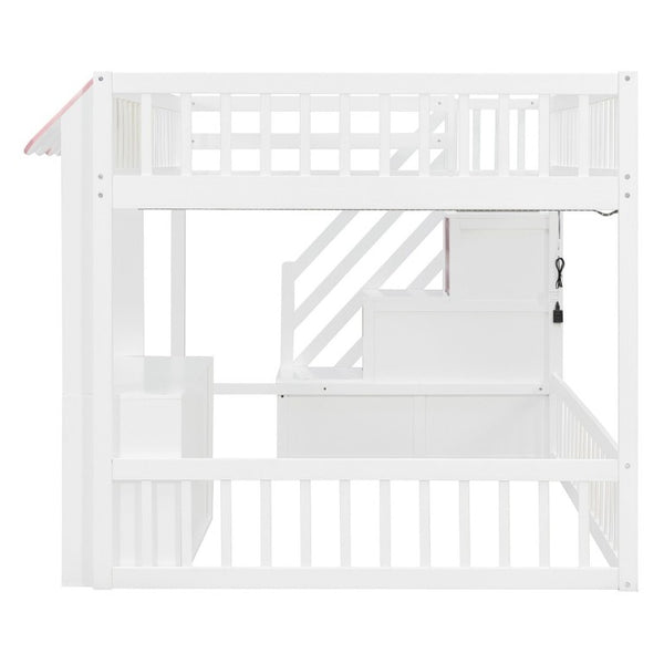 English Elm Full Size Playhouse Loft Bed with LED Lighting Storage Steps and Under Cabin White+Pink N820S00094H