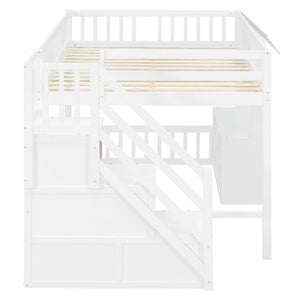 English Elm Full Size Playhouse Loft Bed with LED Lighting Storage Steps and Under Cabin White+Pink N820S00094H