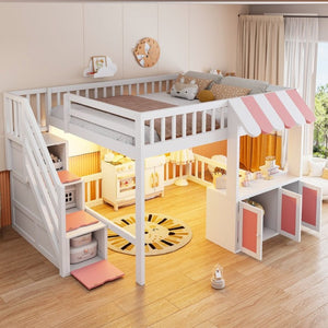 English Elm Full Size Playhouse Loft Bed with LED Lighting Storage Steps and Under Cabin White+Pink N820S00094H
