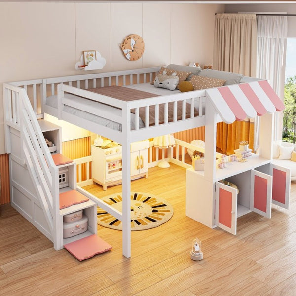English Elm Full Size Playhouse Loft Bed with LED Lighting Storage Steps and Under Cabin White+Pink N820S00094H