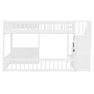 English Elm Full Size Playhouse Loft Bed with LED Lighting Storage Steps and Under Cabin White+Pink N820S00094H
