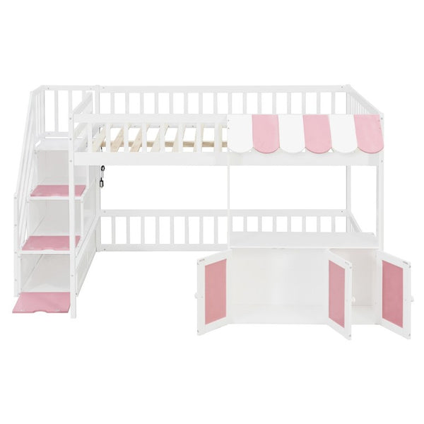 English Elm Full Size Playhouse Loft Bed with LED Lighting Storage Steps and Under Cabin White+Pink N820S00094H